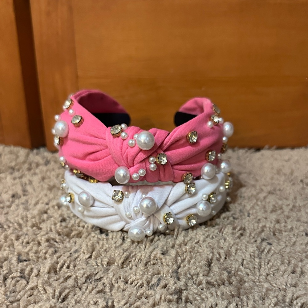 Pearl & Crystal Embellished Knotted Headbands - Pink and White